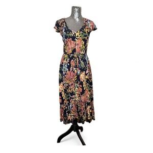 Romantic Cottagecore Floral Button Front Maxi Dress Large Tie Waist Garden Party
